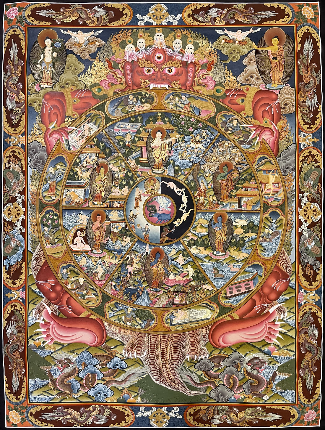 Wheel of Life thangka, 94×119 cm: red Yama holding the Wheel of Life with a Buddha in each realm, inside a border of dragons