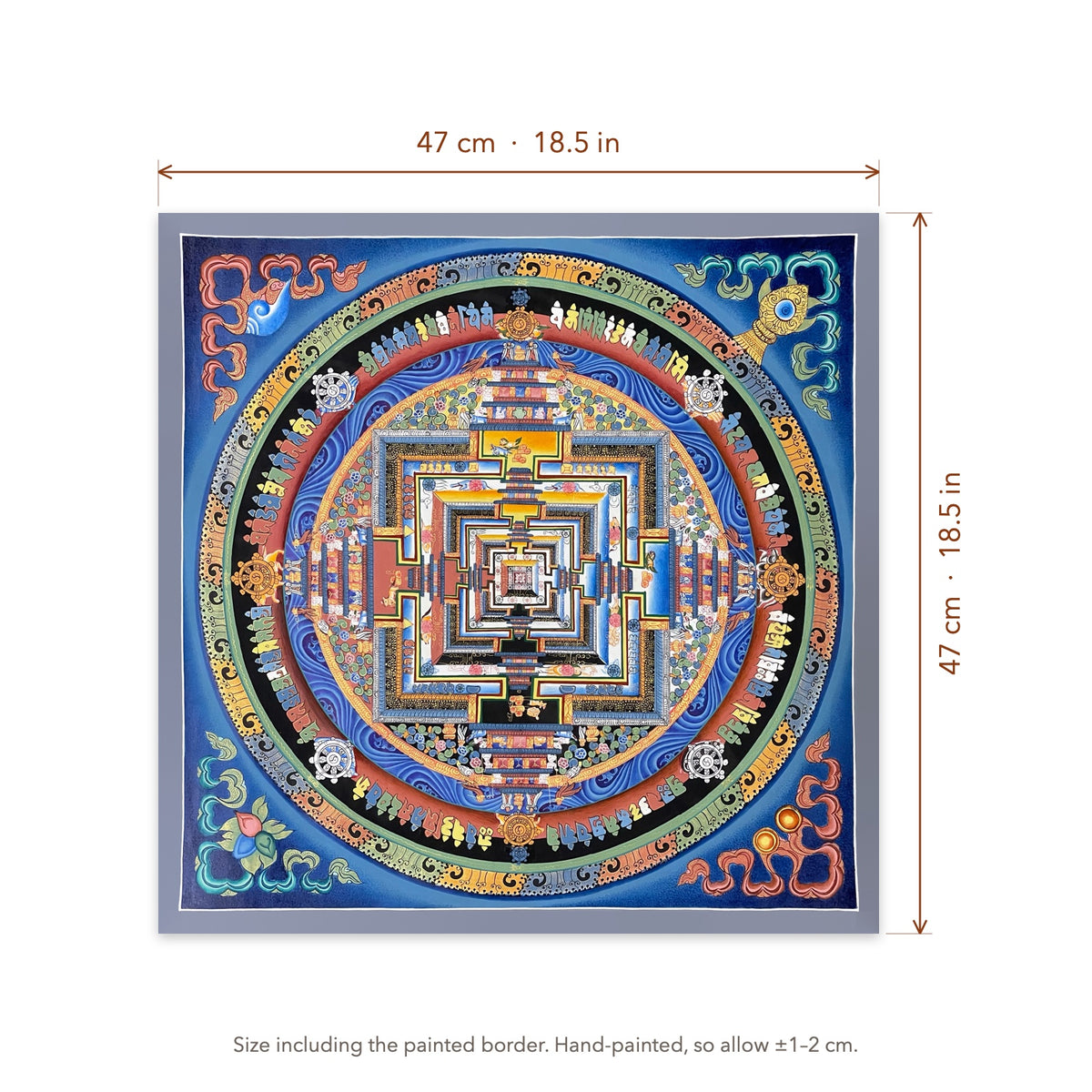 Size diagram: 47 × 47 cm (18.5 × 18.5 in), including the painted border