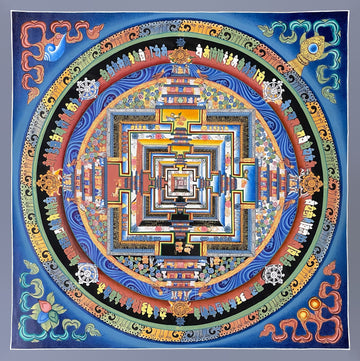 Kalachakra Mandala thangka, 47×47 cm: Kalachakra palace mandala with rings of mantra syllables and dharma wheels on a deep blue ground