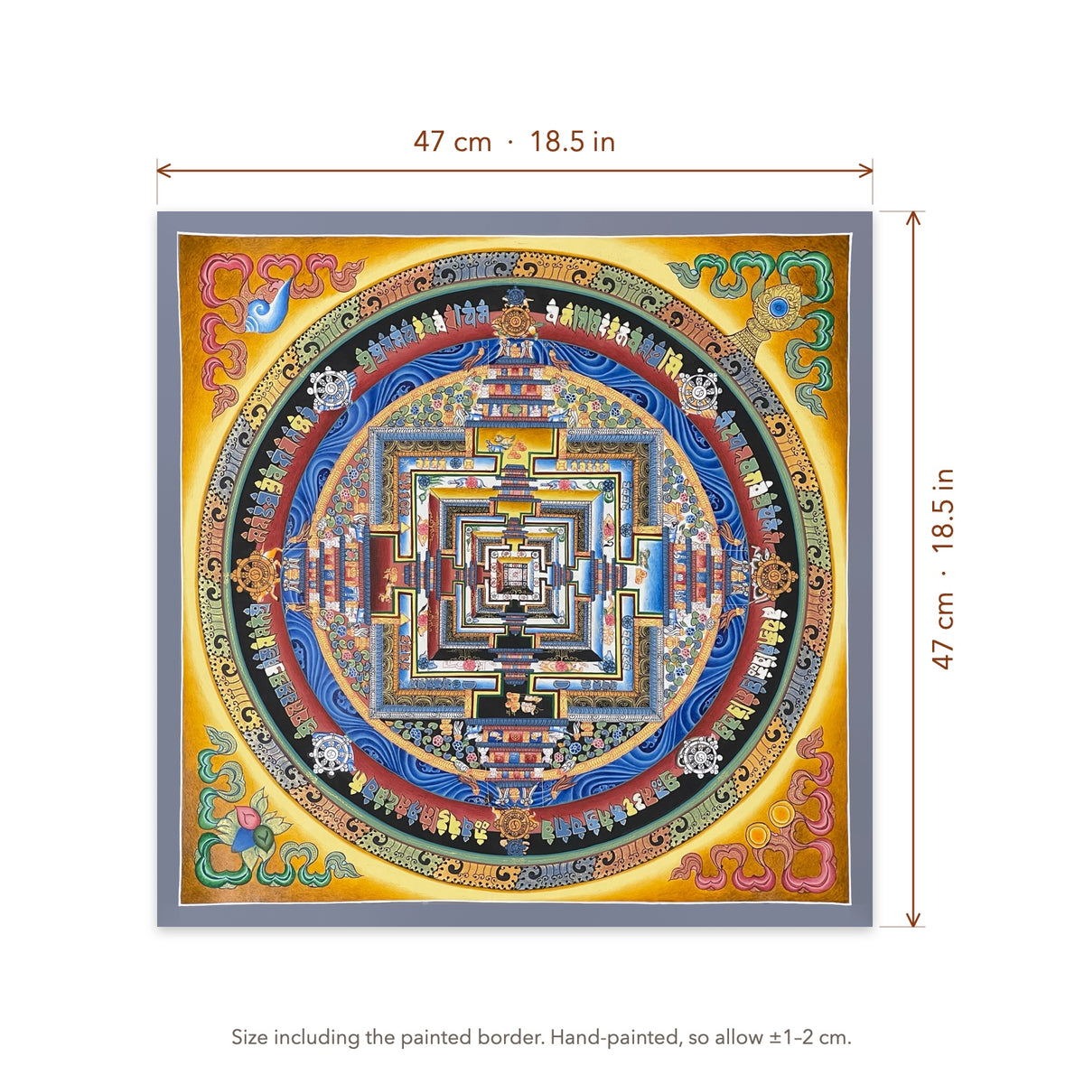 Size diagram: 47 × 47 cm (18.5 × 18.5 in), including the painted border