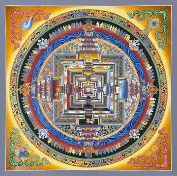 Kalachakra Mandala thangka, 47×47 cm: Kalachakra palace mandala with rings of mantra syllables and dharma wheels on a yellow ground