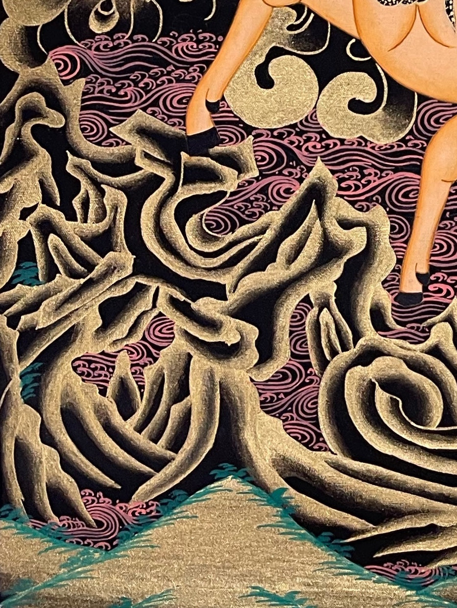 Palden Lhamo thangka, detail: bottom-left corner