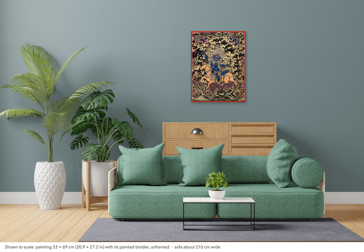 Palden Lhamo thangka shown to scale in a living room, unframed, above a sofa about 210 cm wide (53×69 cm)