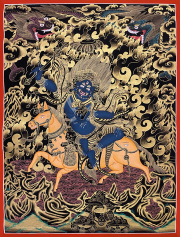 Palden Lhamo thangka, 53×69 cm: dark blue Palden Lhamo riding a mule in black and gold, with two dragons above