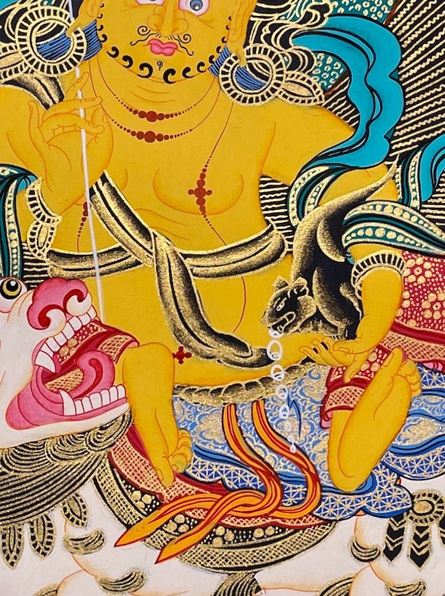 Vaishravana thangka, 52×67 cm: yellow Vaishravana on a white snow lion, with Amitayus, Shakyamuni and Medicine Buddha above