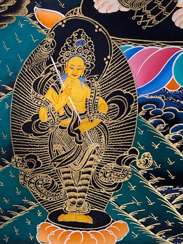 Vaishravana thangka, detail: bottom-left corner