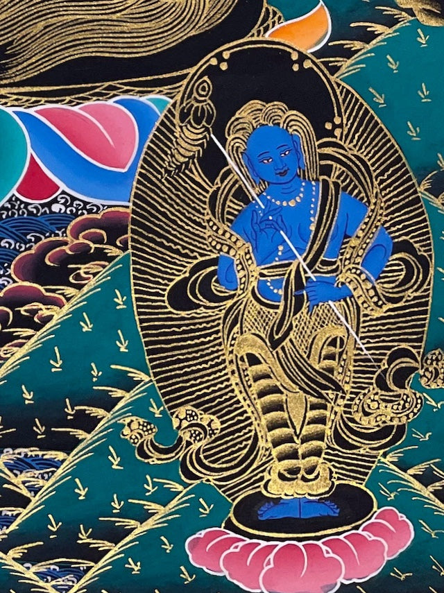 Vaishravana thangka, detail: bottom-right corner