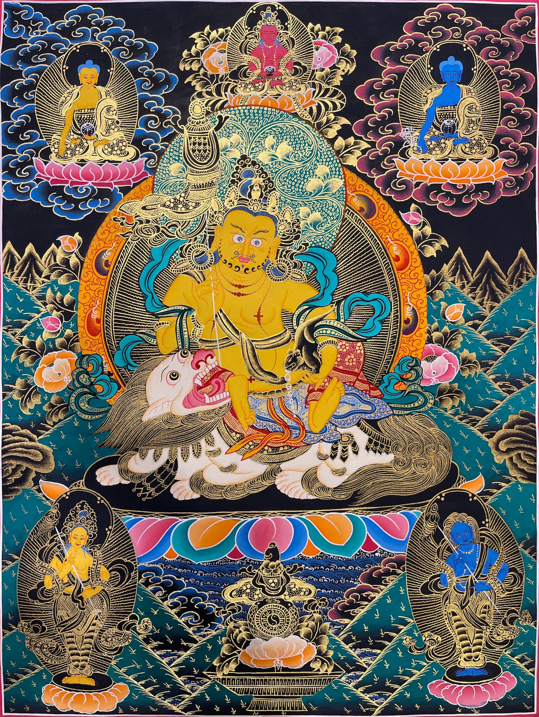 Vaishravana thangka, 52×67 cm: yellow Vaishravana on a white snow lion, with Amitayus, Shakyamuni and Medicine Buddha above