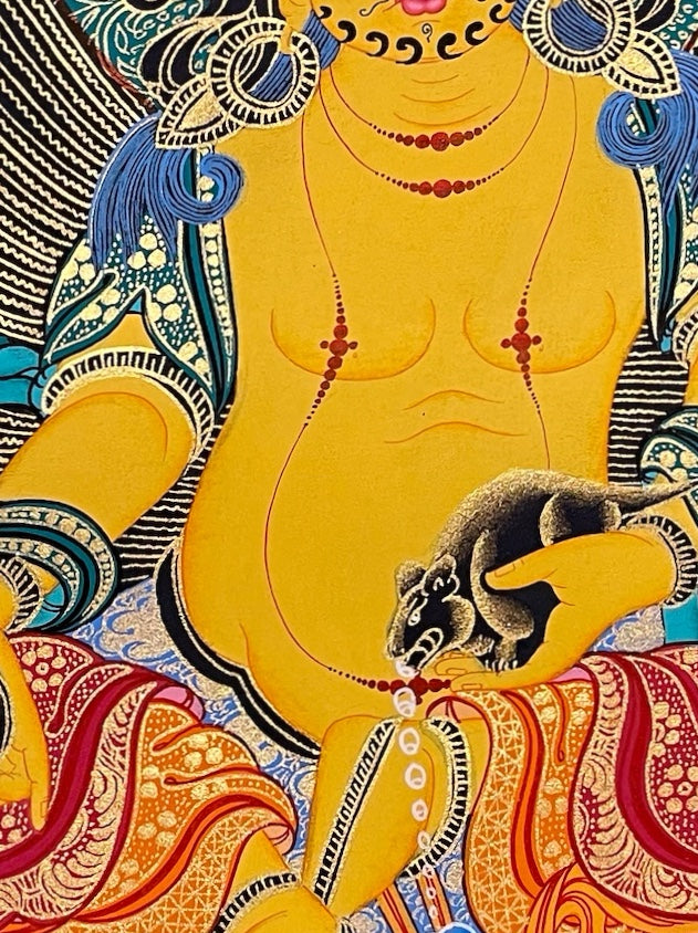 Jambhala thangka, 51×66 cm: Yellow Jambhala with a mongoose on a lotus, with four smaller Jambhalas, on a black ground
