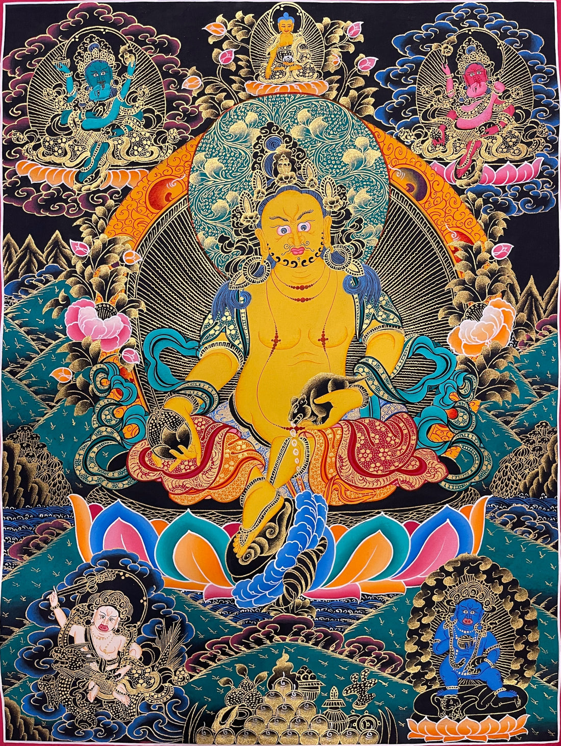 Jambhala thangka, 51×66 cm: Yellow Jambhala with a mongoose on a lotus, with four smaller Jambhalas, on a black ground