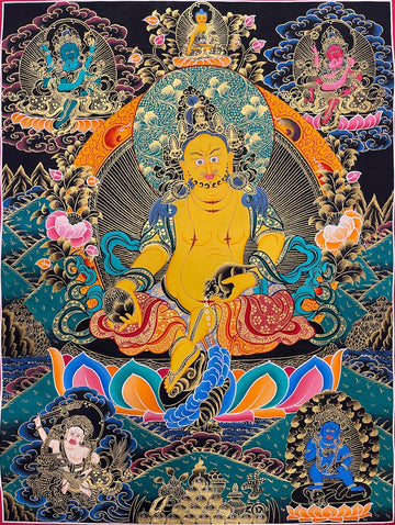 Jambhala thangka, 51×66 cm: Yellow Jambhala with a mongoose on a lotus, with four smaller Jambhalas, on a black ground