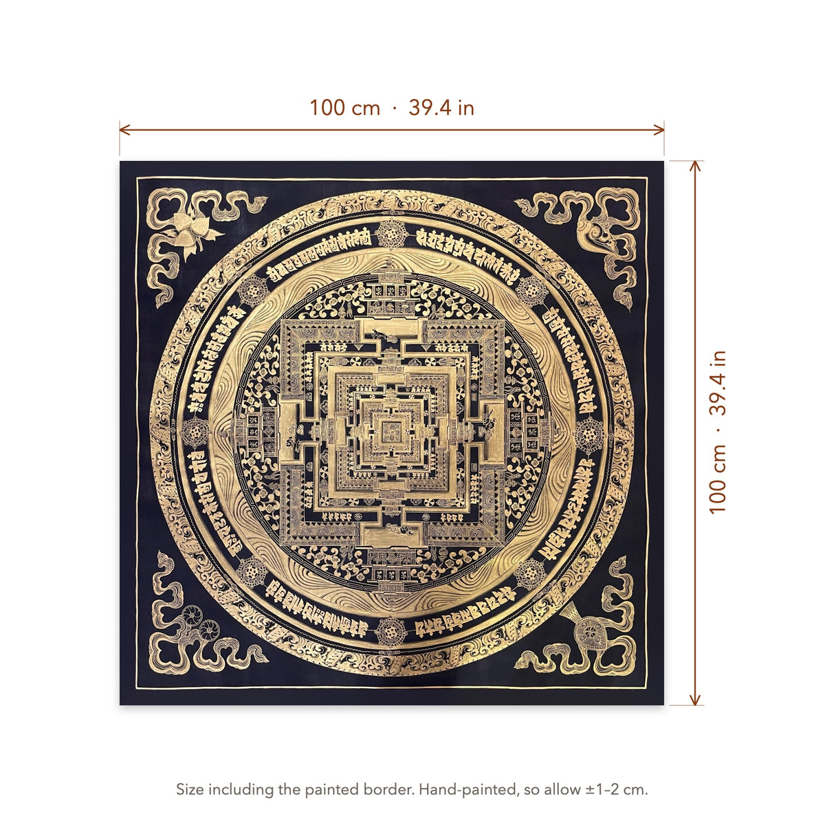 Size diagram: 100 × 100 cm (39.4 × 39.4 in), including the painted border
