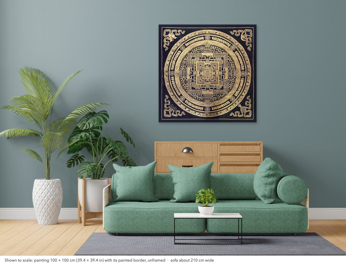 Kalachakra Mandala thangka shown to scale in a living room, unframed, above a sofa about 210 cm wide (100×100 cm)