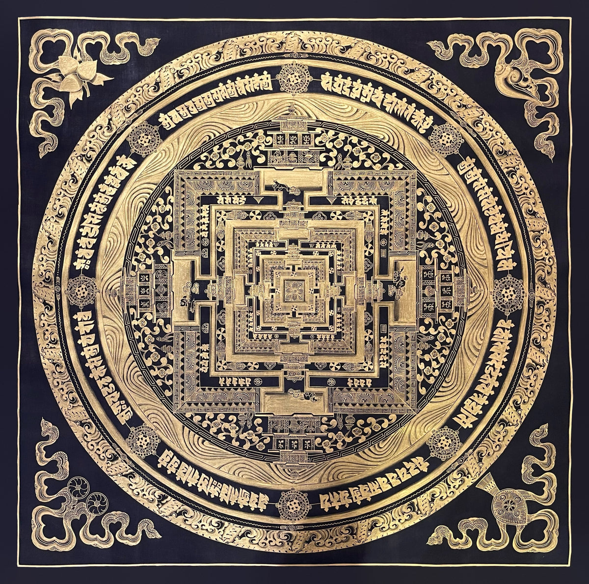 Kalachakra Mandala thangka, 100×100 cm: Kalachakra palace mandala drawn entirely in gold-coloured line work on black