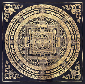 Kalachakra Mandala thangka, 100×100 cm: Kalachakra palace mandala drawn entirely in gold-coloured line work on black