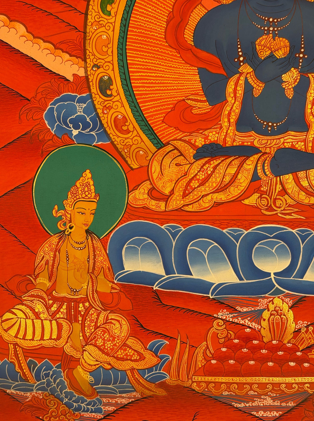 Vajradhara thangka, 53×67 cm: blue Vajradhara with arms crossed at his heart on a red-orange ground, with Amitabha and Saraswati above