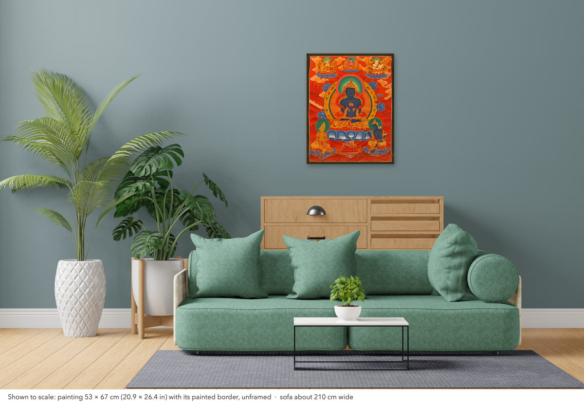 Vajradhara thangka shown to scale in a living room, unframed, above a sofa about 210 cm wide (53×67 cm)