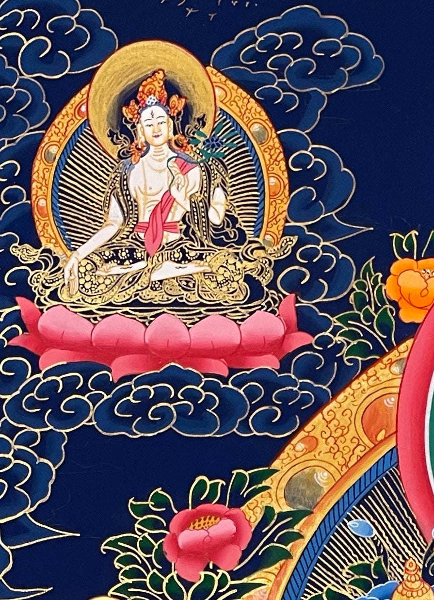 Maitreya Buddha thangka, detail: top-left corner