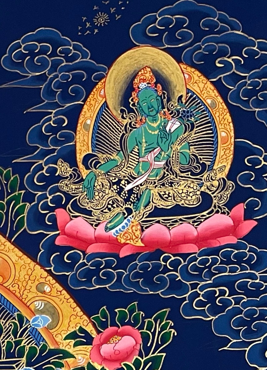 Maitreya Buddha thangka, detail: top-right corner