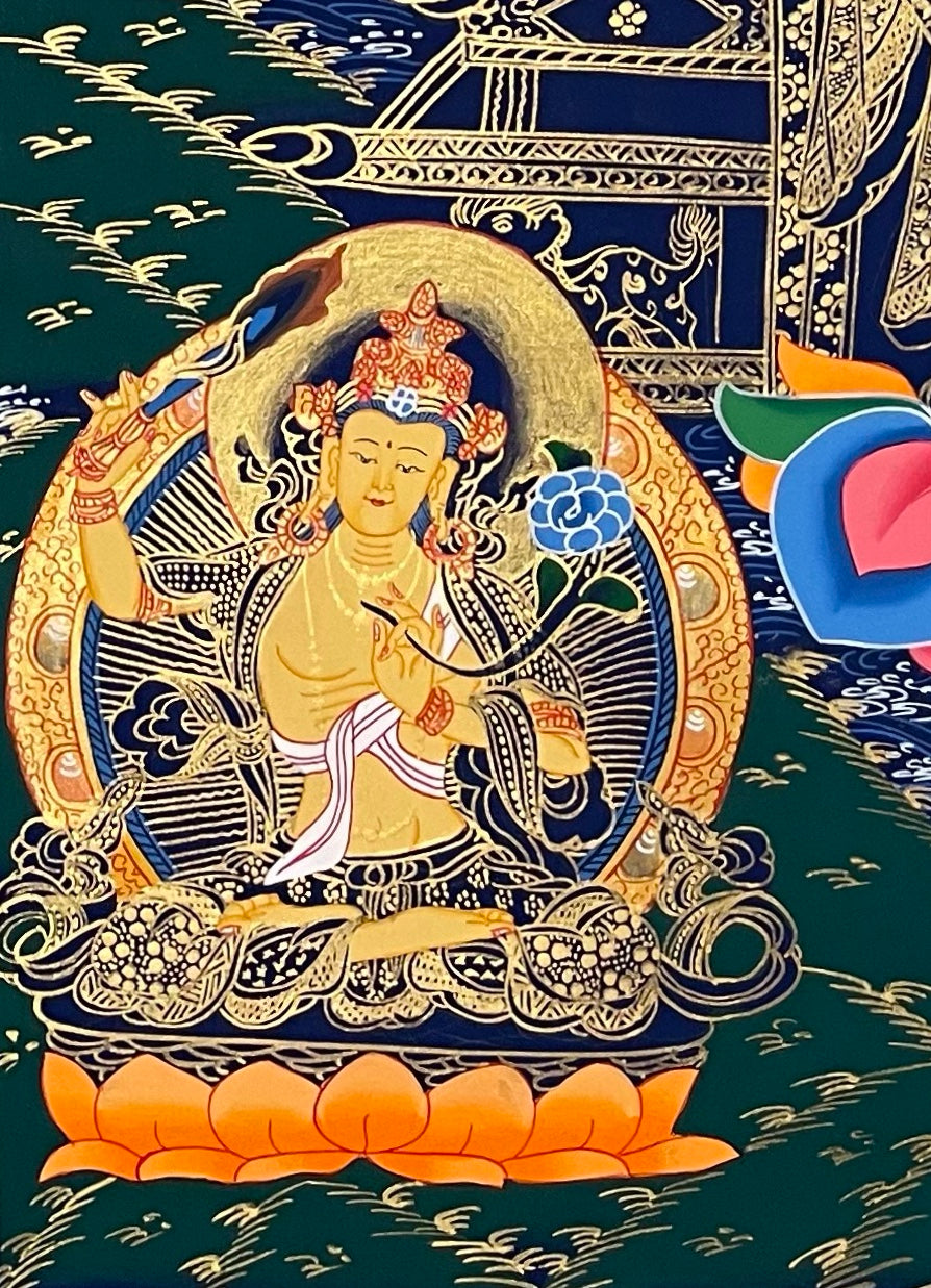 Maitreya Buddha thangka, detail: bottom-left corner