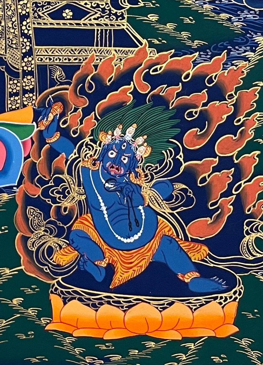 Maitreya Buddha thangka, detail: bottom-right corner