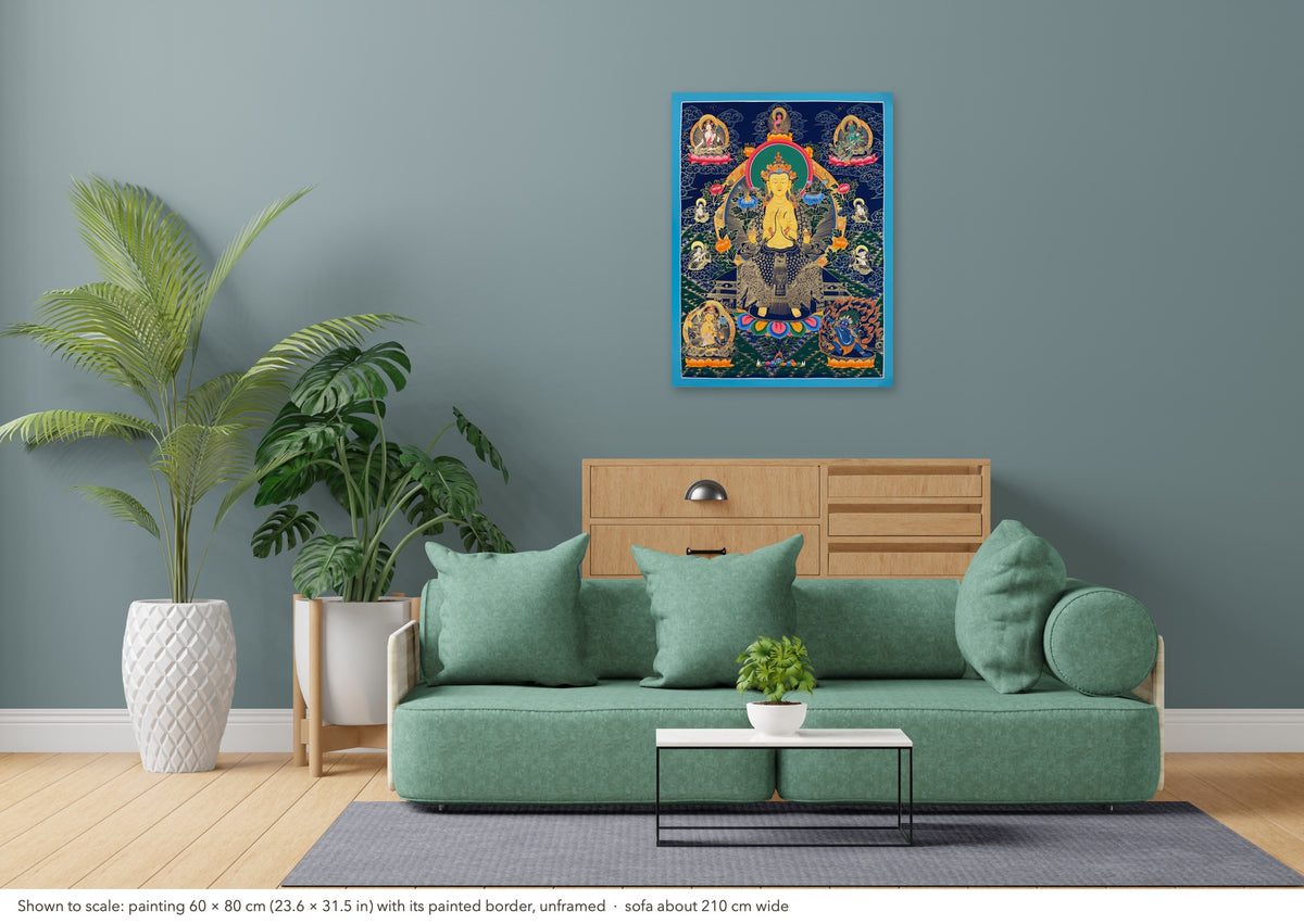 Maitreya Buddha thangka shown to scale in a living room, unframed, above a sofa about 210 cm wide (60×80 cm)