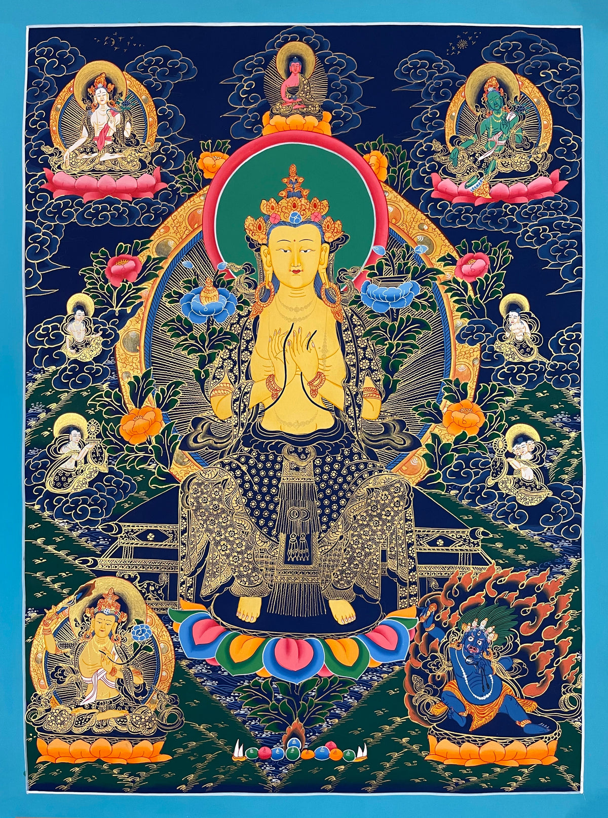 Maitreya Buddha thangka, 60×80 cm: golden Maitreya on a throne in the teaching gesture, with White Tara, Green Tara and Manjushri