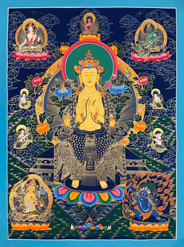 Maitreya Buddha thangka, 60×80 cm: golden Maitreya on a throne in the teaching gesture, with White Tara, Green Tara and Manjushri