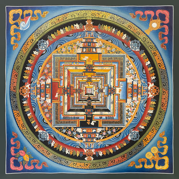 Kalachakra Mandala thangka, 55×55 cm: Kalachakra palace mandala with a red ring of coloured mantra syllables and dharma wheels, on a blue ground