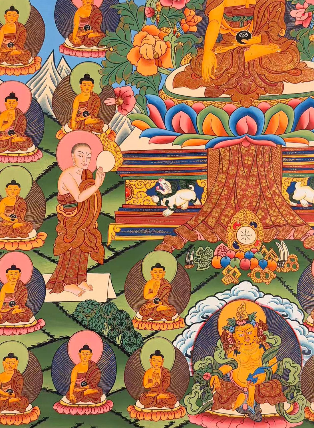 35 Confession Buddhas thangka, 60×83 cm: Shakyamuni with two disciples surrounded by the 35 Buddhas of confession