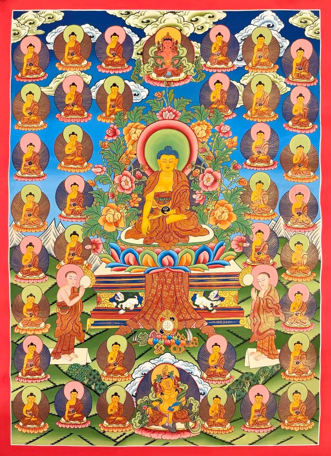 35 Confession Buddhas thangka, 60×83 cm: Shakyamuni with two disciples surrounded by the 35 Buddhas of confession