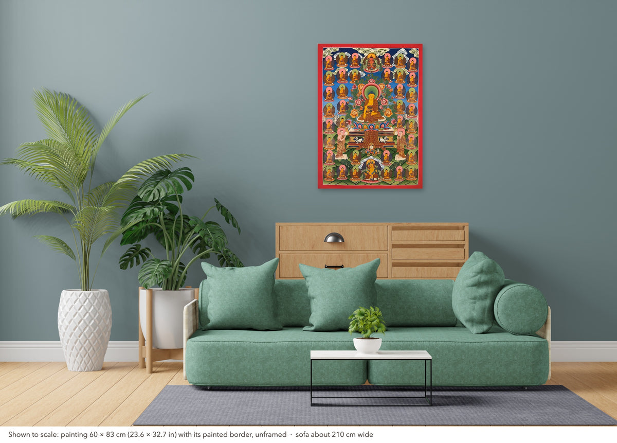 35 Confession Buddhas thangka shown to scale in a living room, unframed, above a sofa about 210 cm wide (60×83 cm)