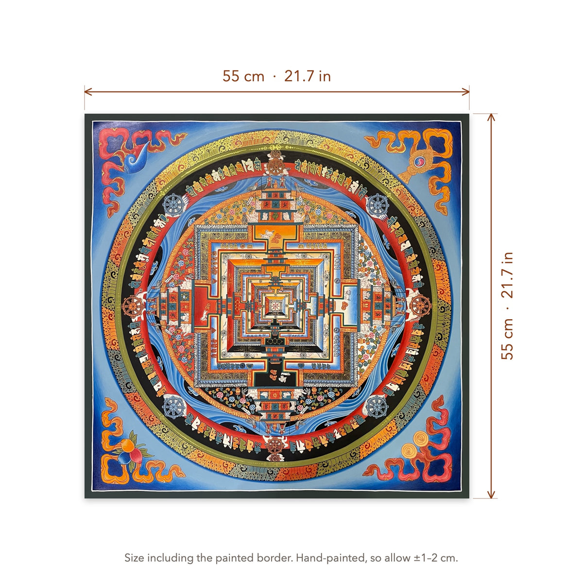 Size diagram: 55 × 55 cm (21.7 × 21.7 in), including the painted border