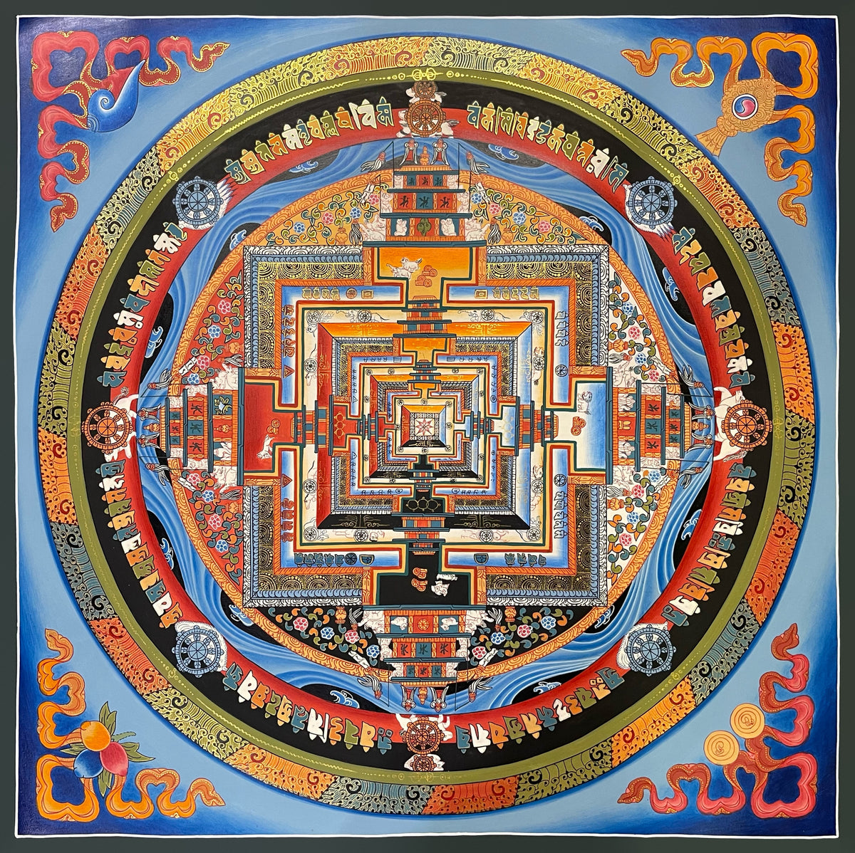 Kalachakra Mandala thangka, 55×55 cm: Kalachakra palace mandala with rings of mantra syllables and dharma wheels on a pale blue ground