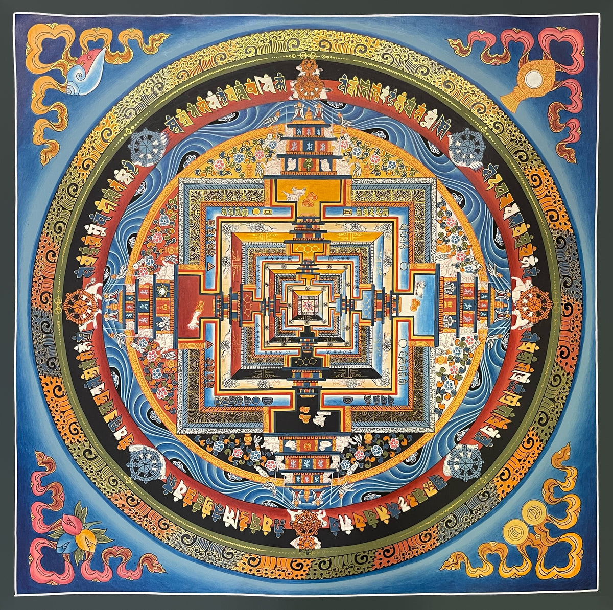 Kalachakra Mandala thangka, 55×55 cm: Kalachakra palace mandala with rings of mantra syllables and dharma wheels on a blue ground