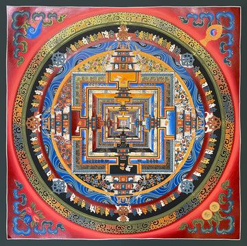 Kalachakra Mandala thangka, 55×55 cm: Kalachakra palace mandala with rings of mantra syllables and dharma wheels on a red ground