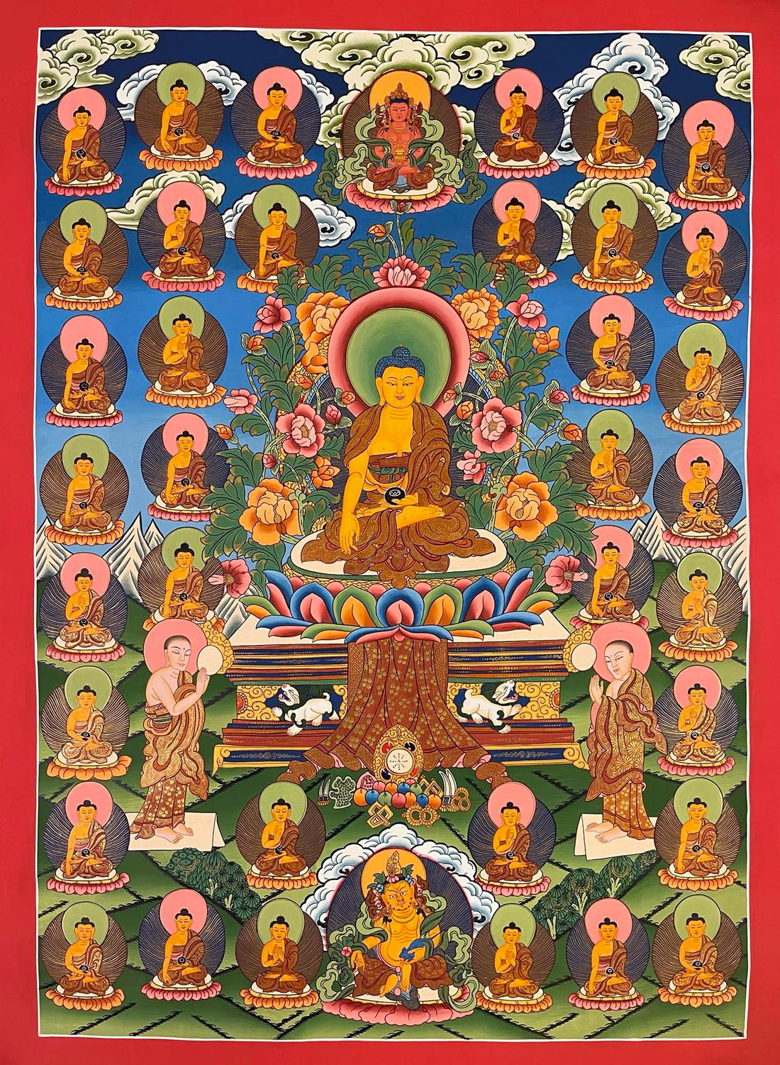 35 Confession Buddhas thangka, 60×83 cm: Shakyamuni with two disciples surrounded by the 35 Buddhas of confession