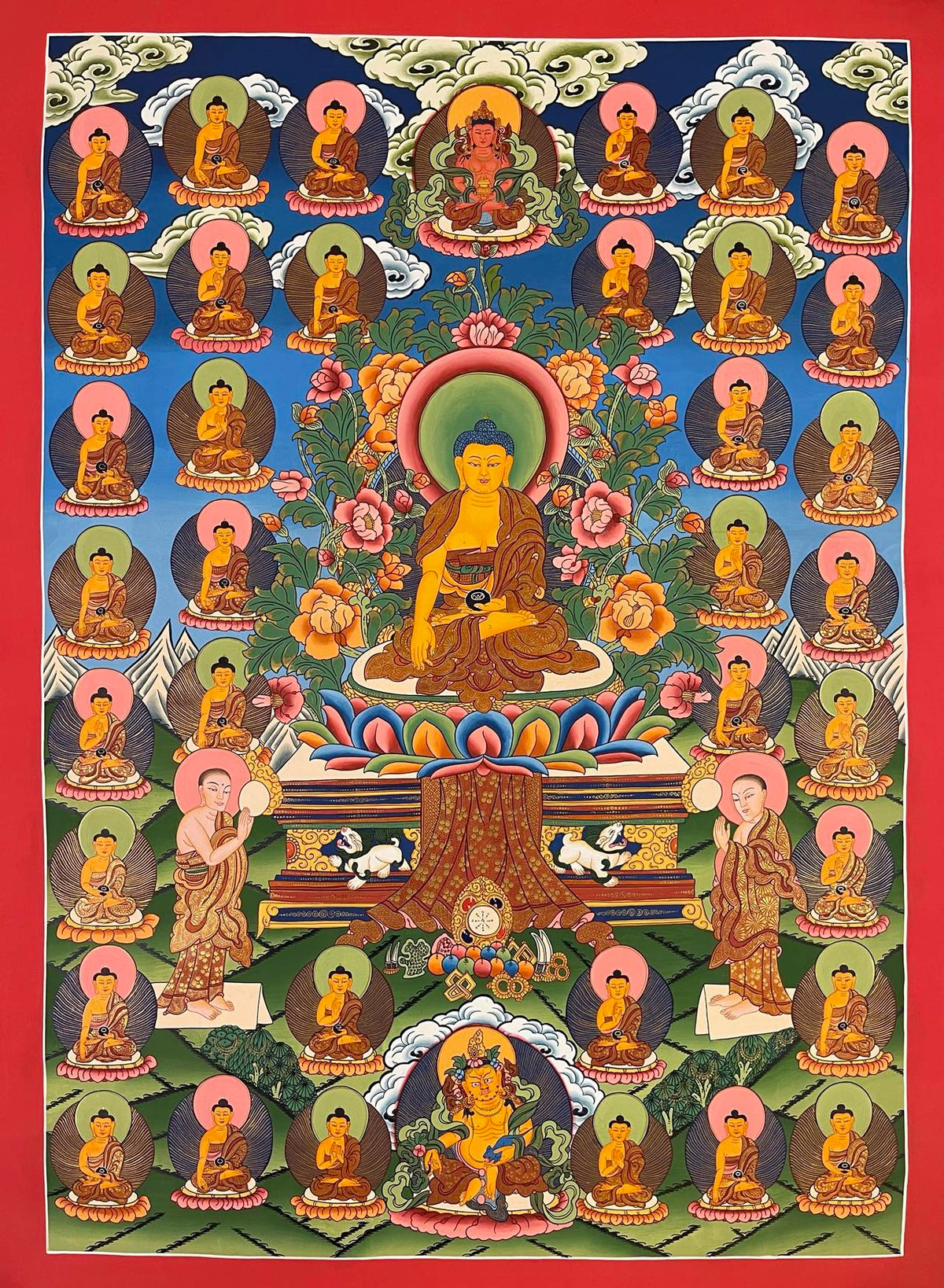 35 Confession Buddhas thangka, 60×83 cm: Shakyamuni with two disciples surrounded by the 35 Buddhas of confession