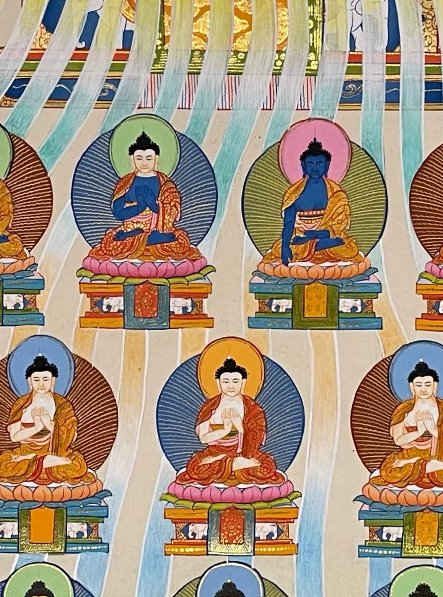 35 Confession Buddhas thangka, 55×75 cm: Shakyamuni above five rows of the Buddhas of confession