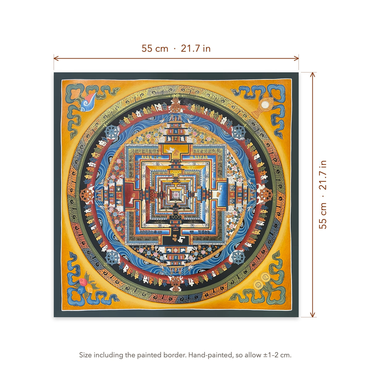Size diagram: 55 × 55 cm (21.7 × 21.7 in), including the painted border