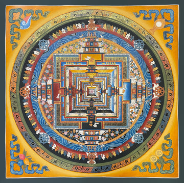 Kalachakra Mandala thangka, 55×55 cm: Kalachakra palace mandala on a golden-yellow ground, with offerings in the corners
