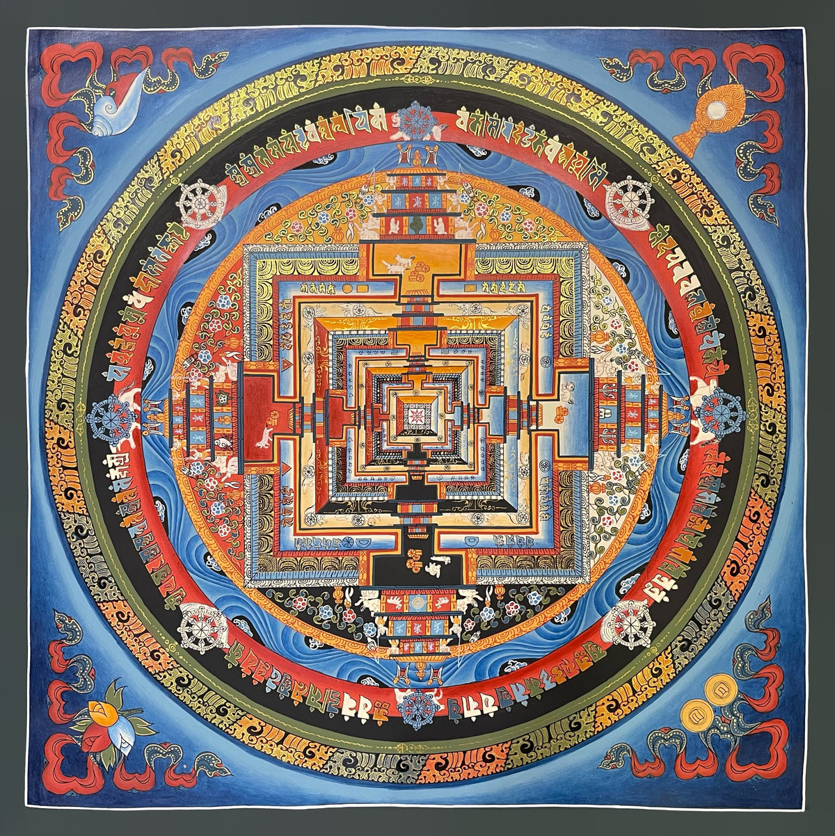 Kalachakra Mandala thangka, 55×55 cm: Kalachakra palace mandala on a blue ground, with offerings of the senses in the corners