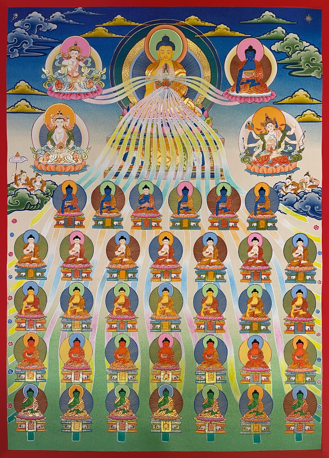 35 Confession Buddhas thangka, 55×75 cm: Shakyamuni above five rows of the Buddhas of confession