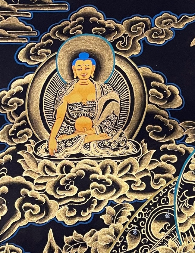 Green Tara thangka, detail: top-left corner