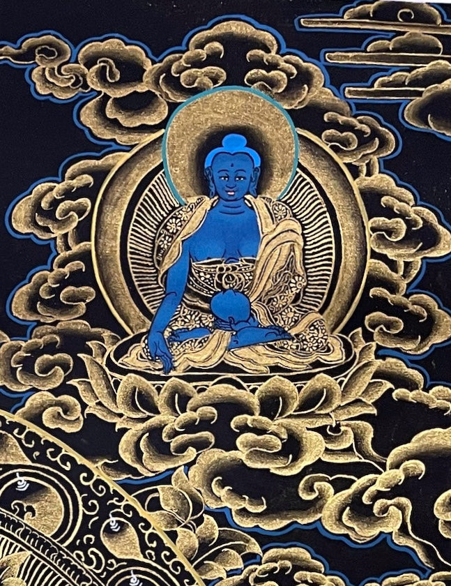Green Tara thangka, detail: top-right corner