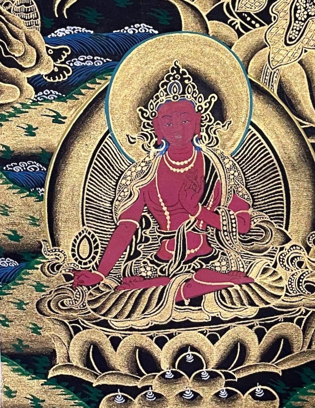 Green Tara thangka, detail: bottom-left corner
