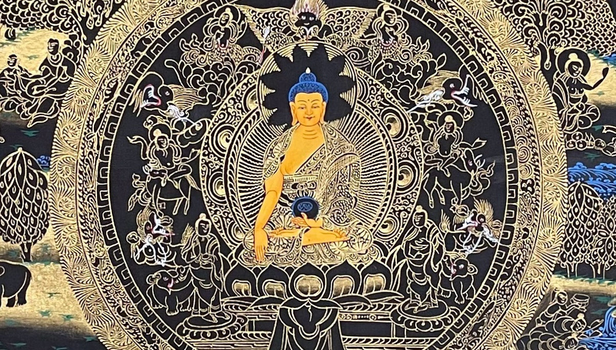 Buddha Life Story thangka, detail: centre