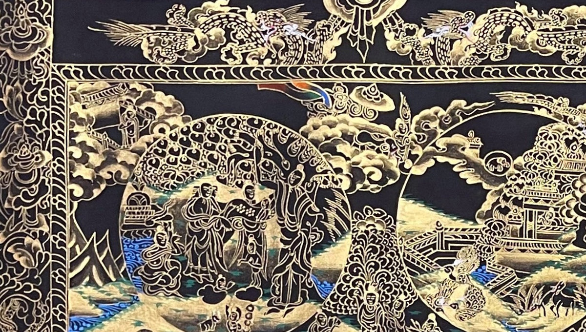Buddha Life Story thangka, detail: top-left corner