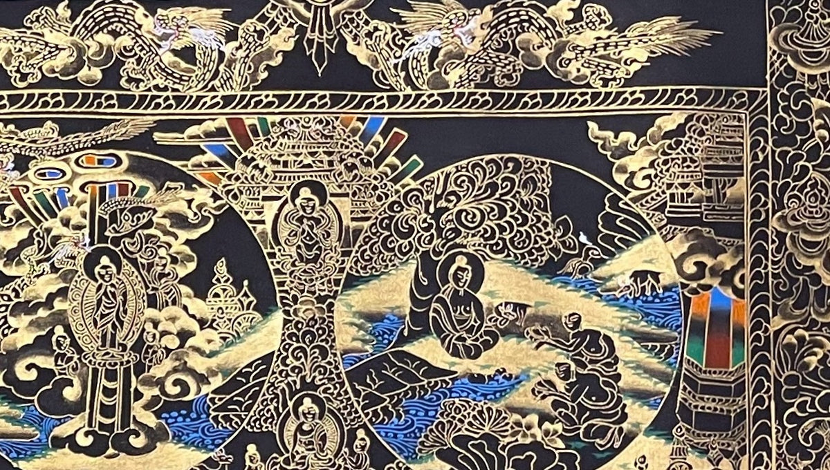 Buddha Life Story thangka, detail: top-right corner
