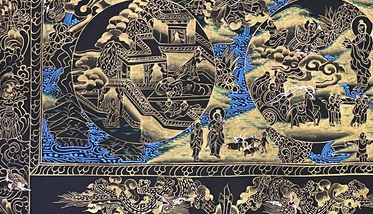 Buddha Life Story thangka, detail: bottom-left corner